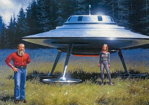 Postkarte Nr. 1247, Gemälde mit Billy und Semjase vor Strahlschiff